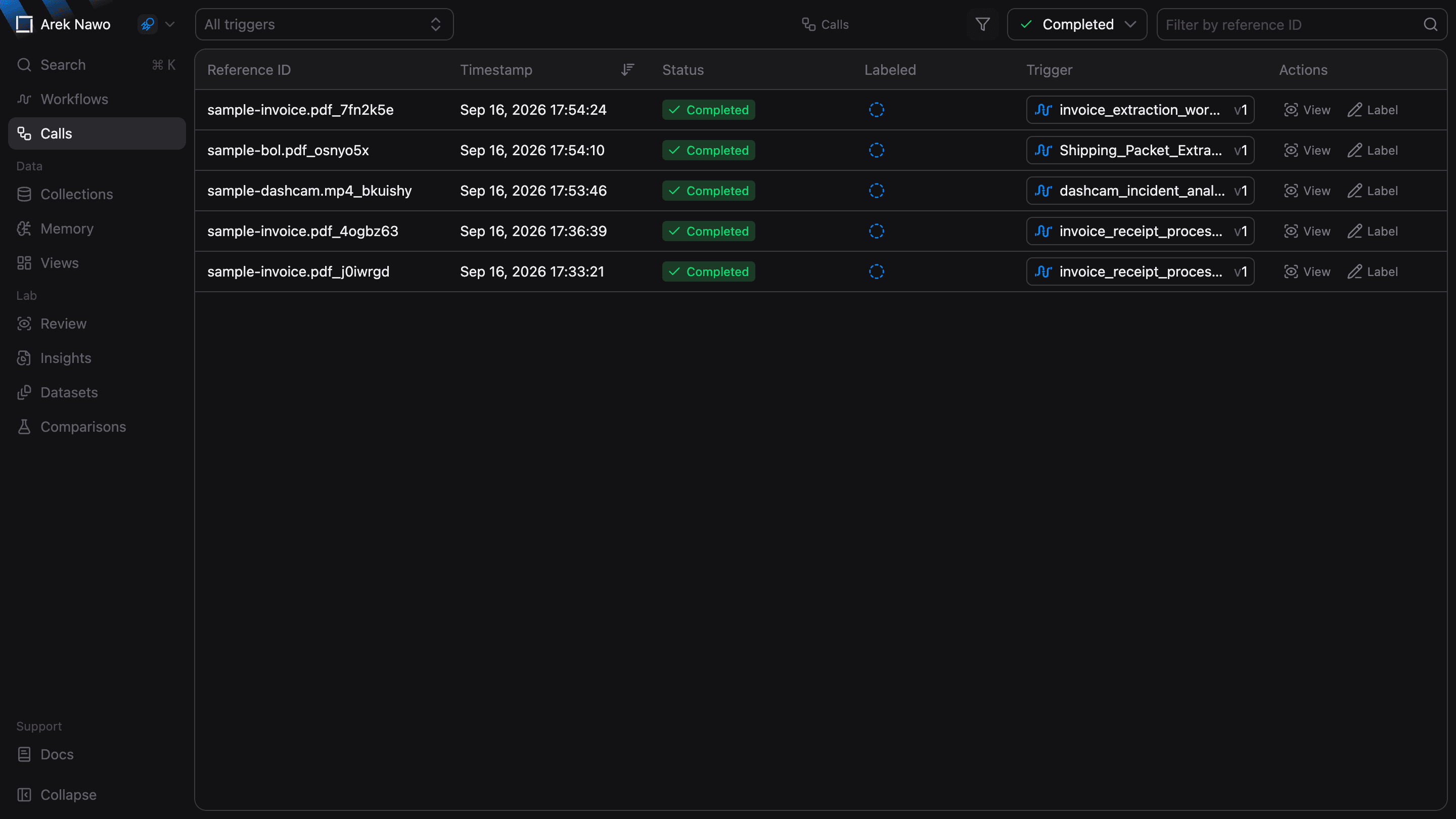 Calls table with trigger, status, and reference ID filters