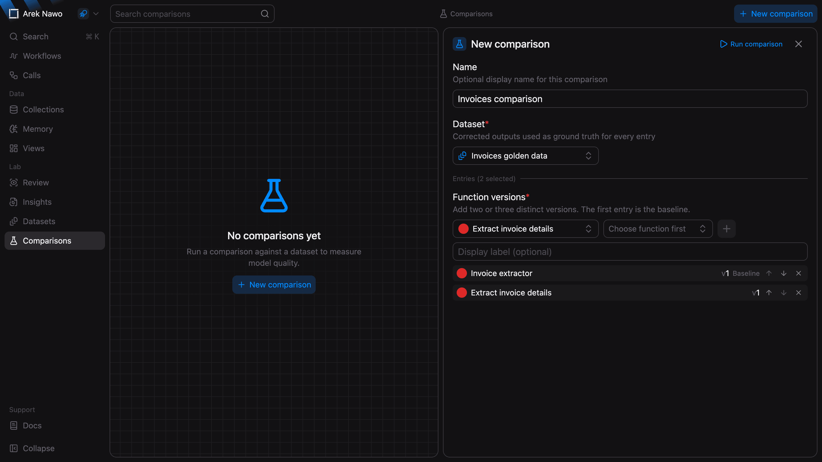 New comparison panel with a dataset and ordered function versions