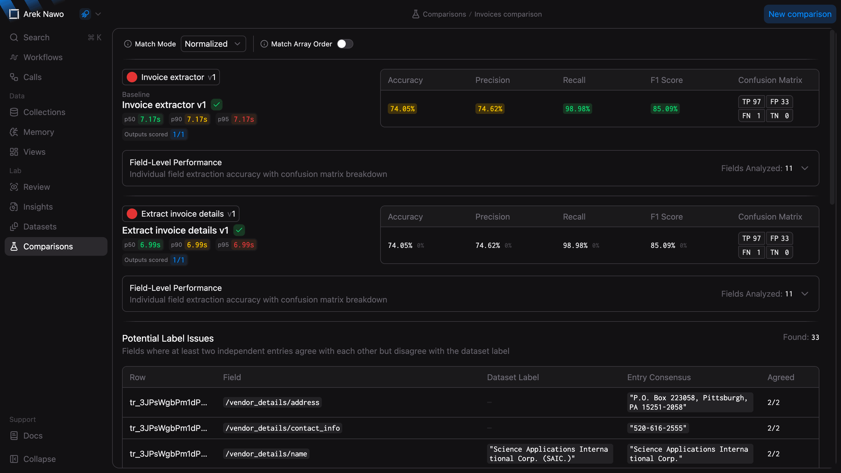 Comparison results with baseline metrics, matching settings, and label issues