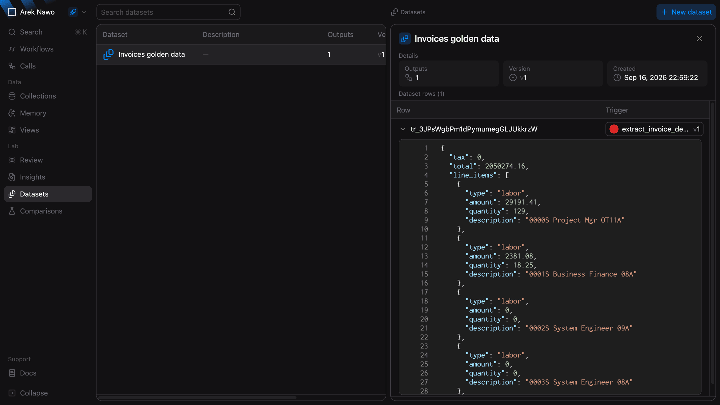 Dataset details with an expanded row showing corrected content