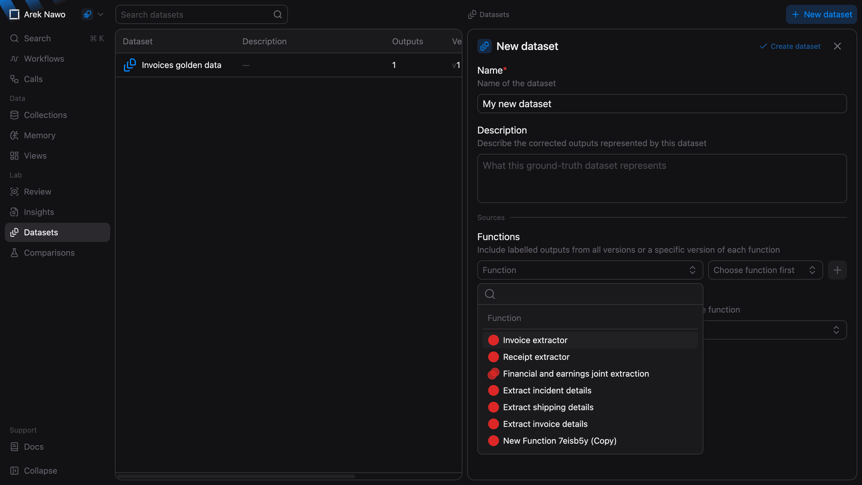 New dataset panel with function versions and labeled event sources