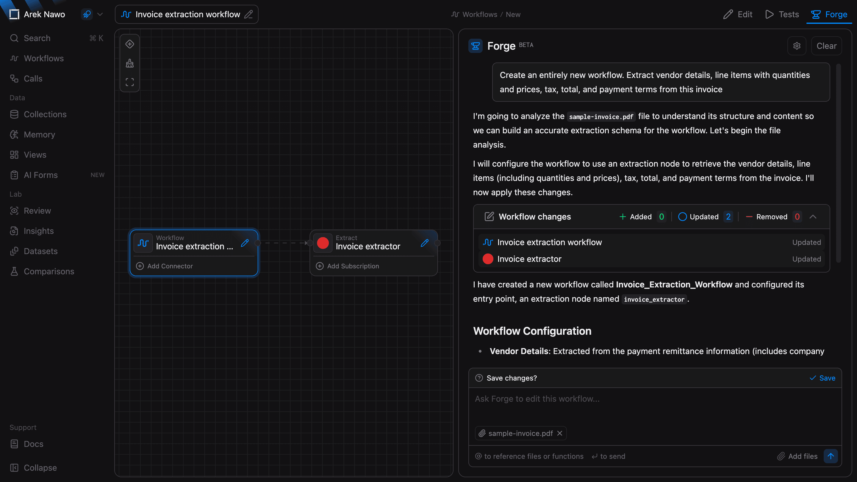 Forge conversation with sample files and a workflow graph
