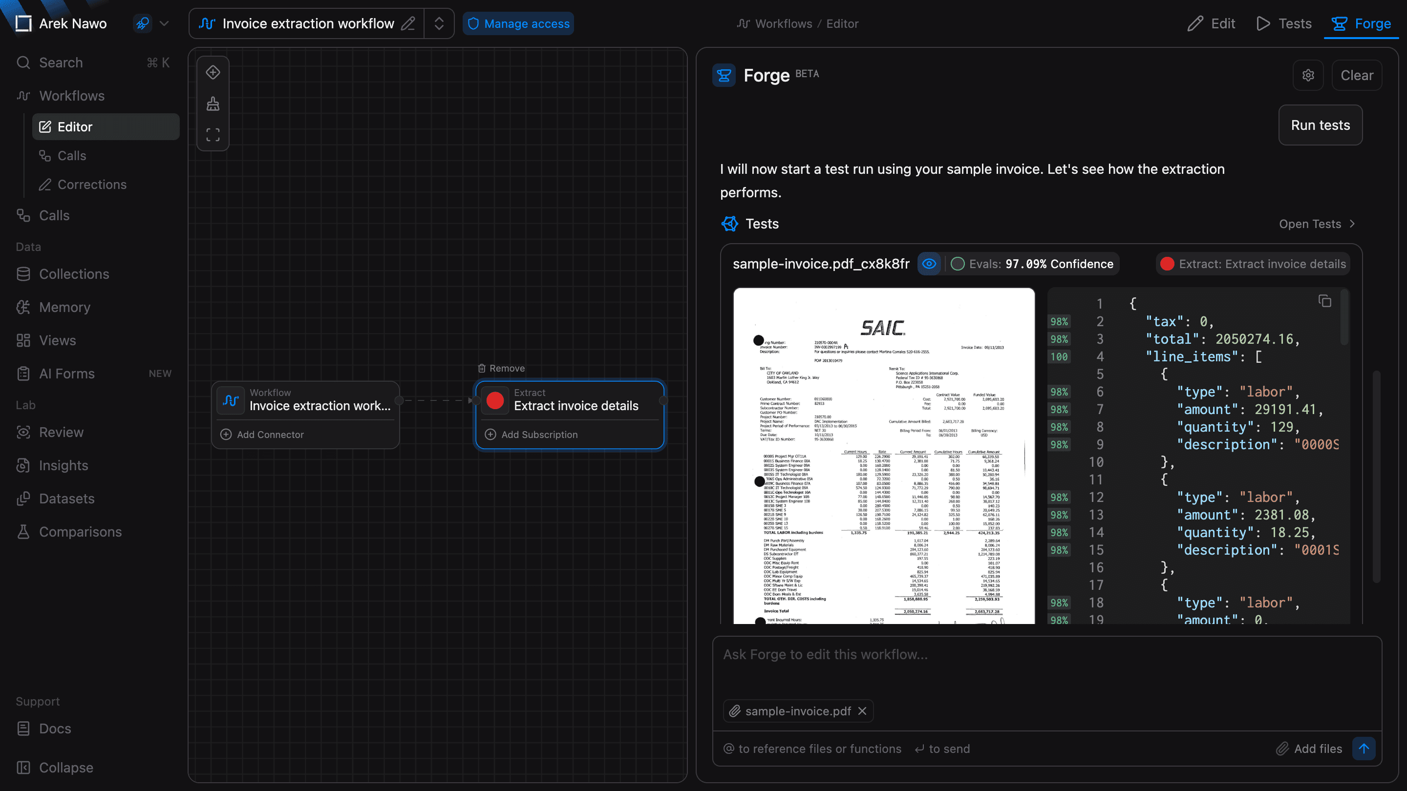 Forge test results with input and output previews