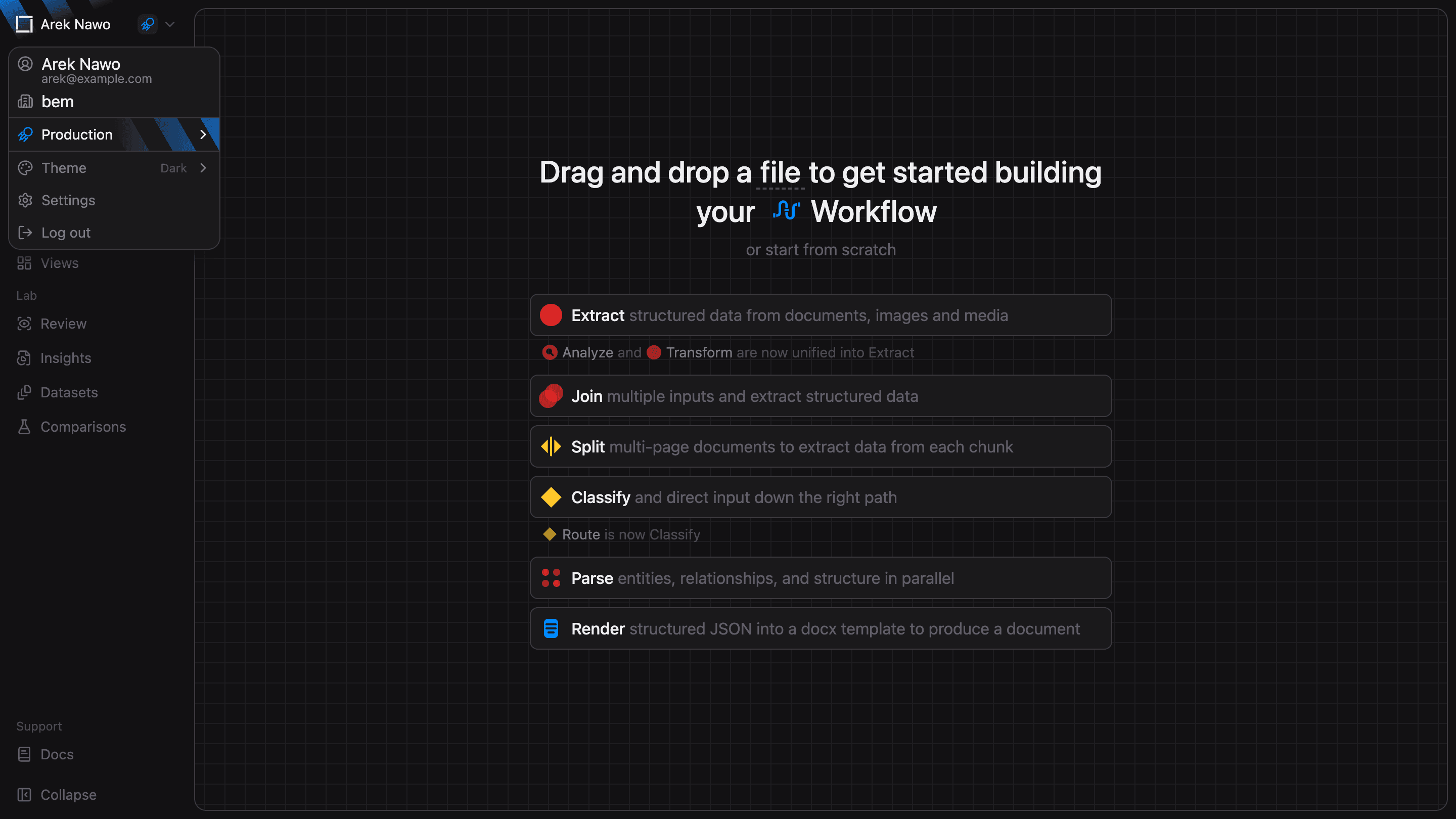 Dashboard sidebar with workflow, Data, and Lab navigation