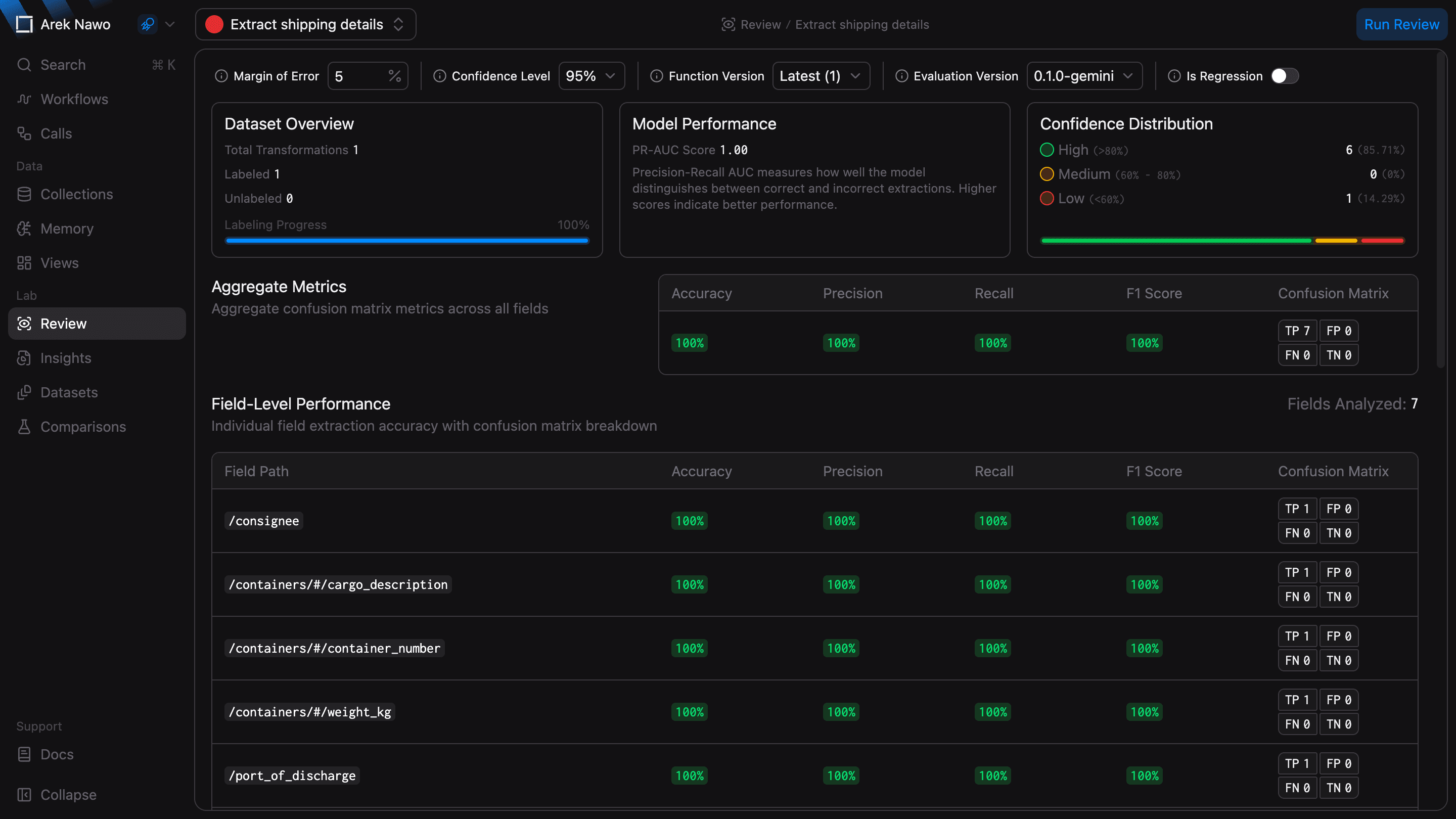 Function review with settings, quality metrics, and threshold analysis