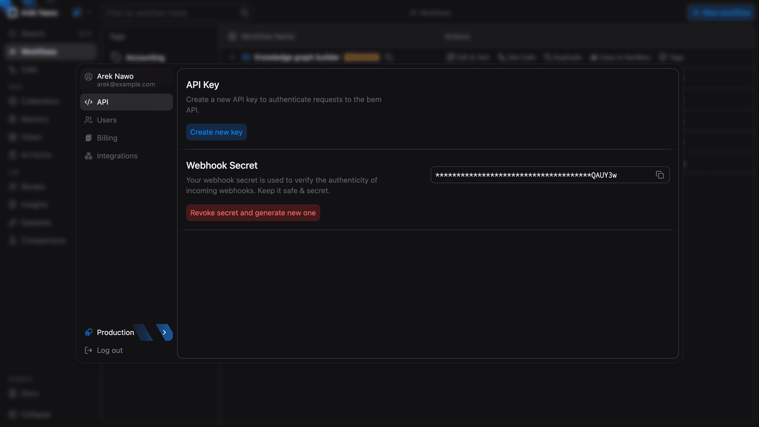 API settings with API key and webhook secret controls