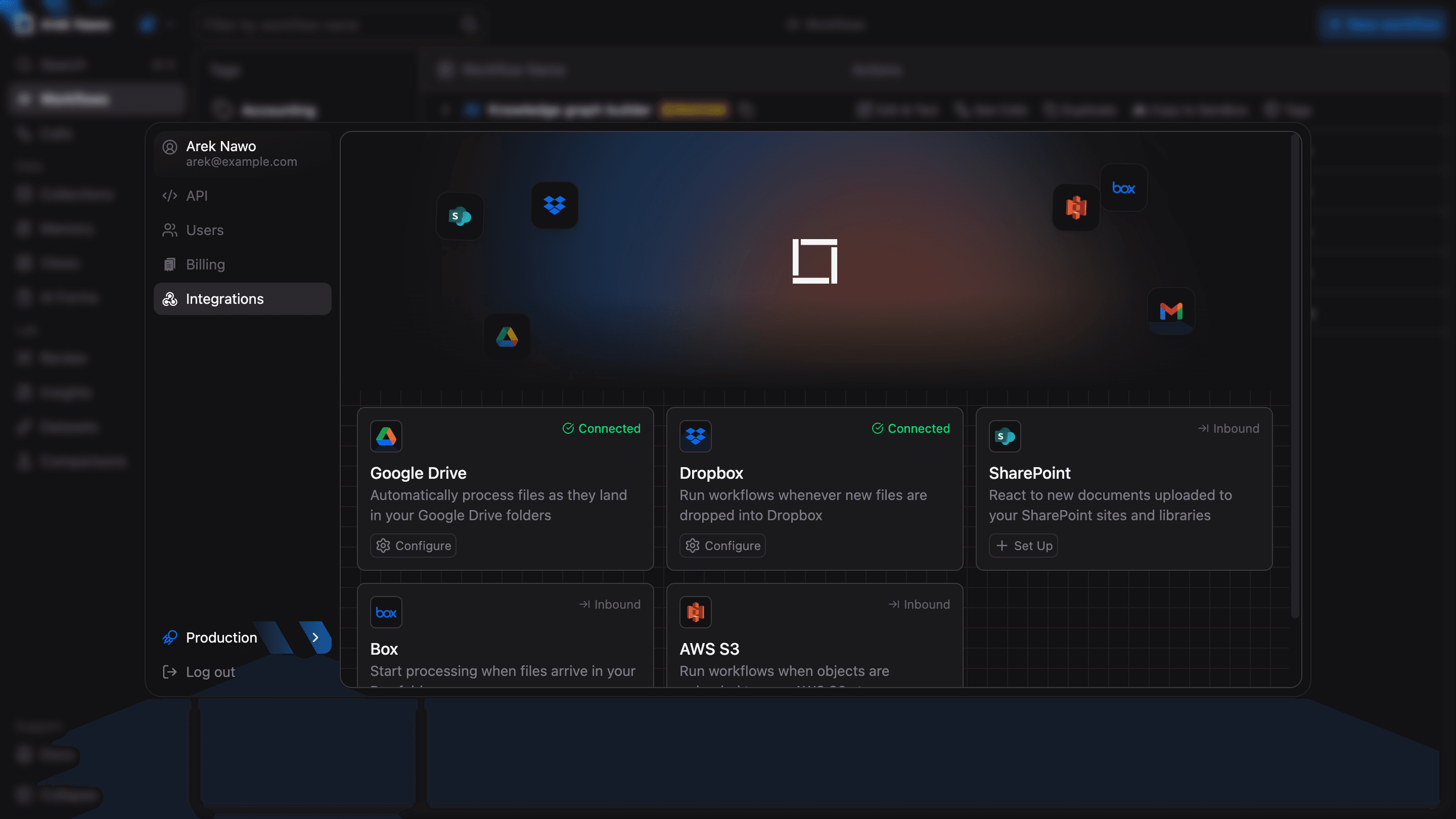 Integrations settings with connected services and setup controls
