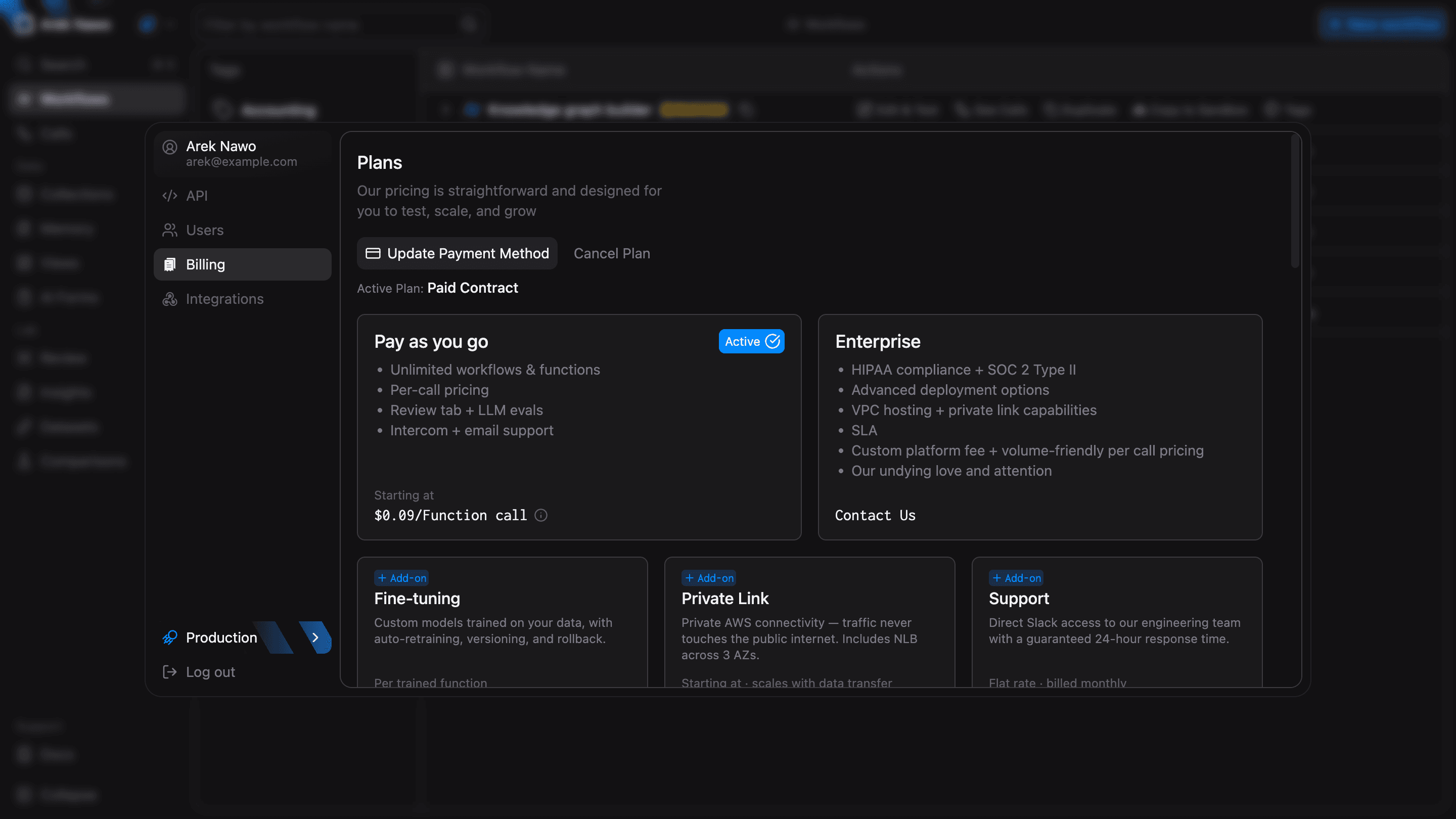 Billing plans with the active plan and payment controls