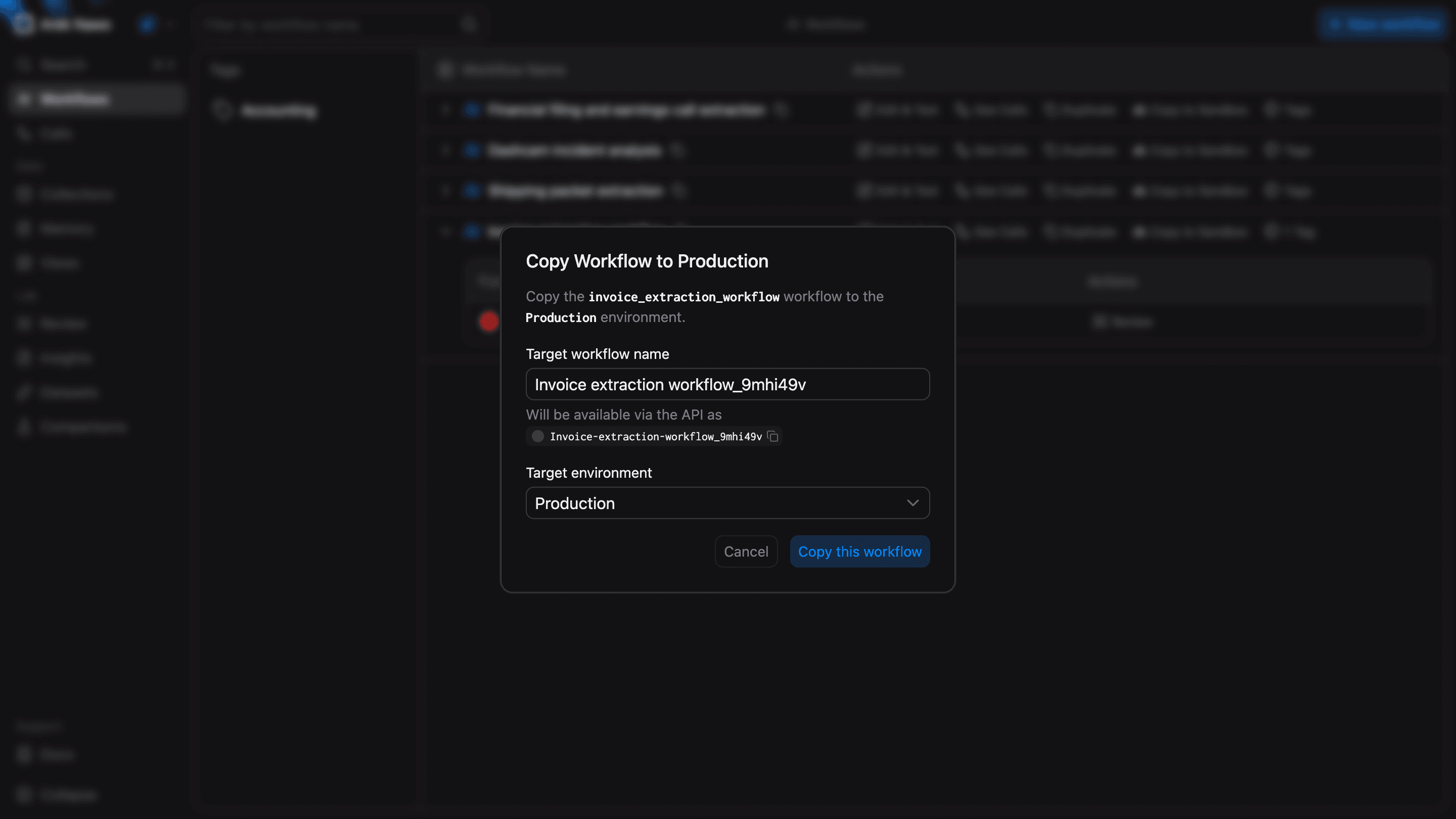 Copy Workflow dialog with target name and environment