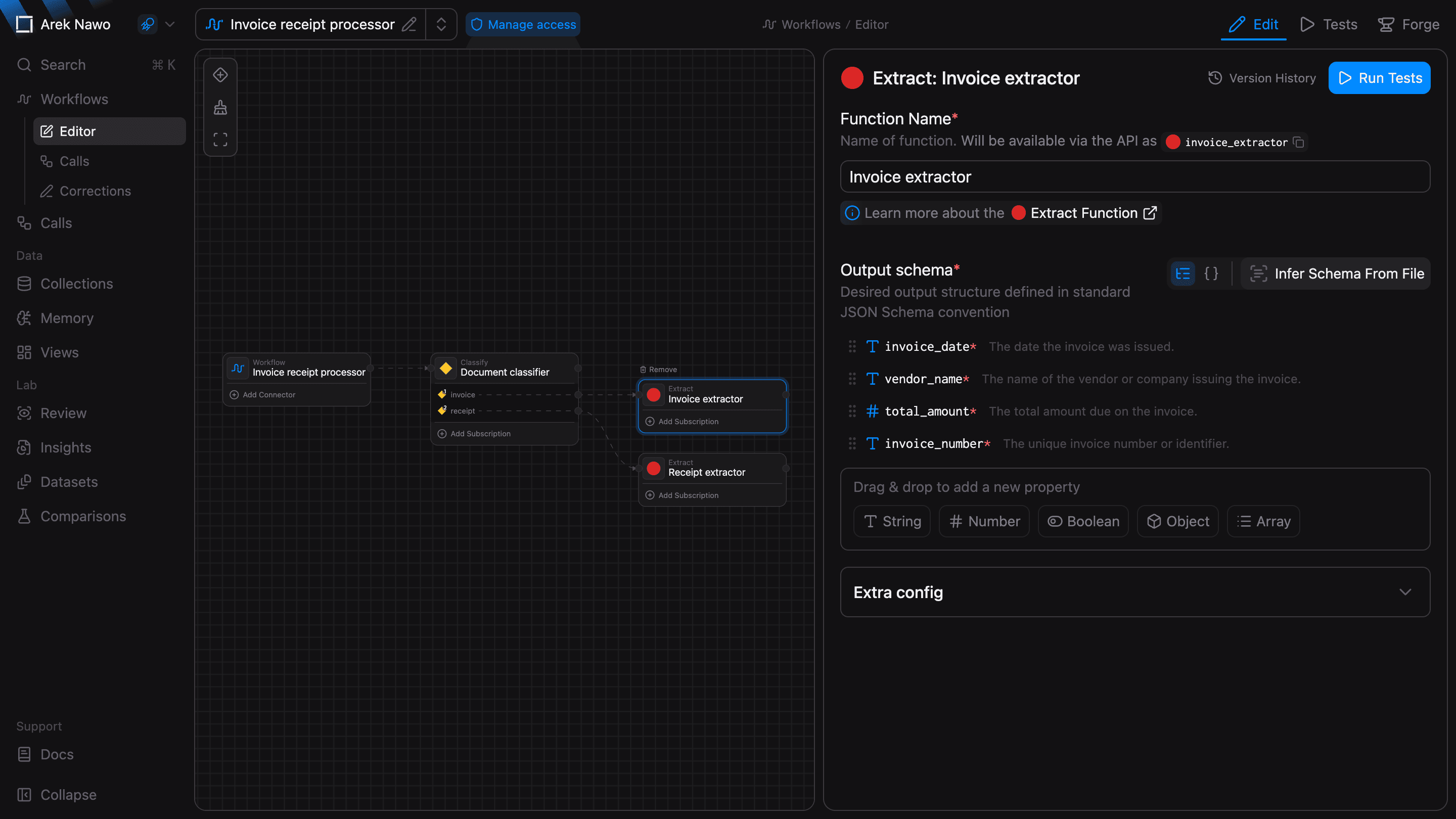 Edit panel with output schema and function settings