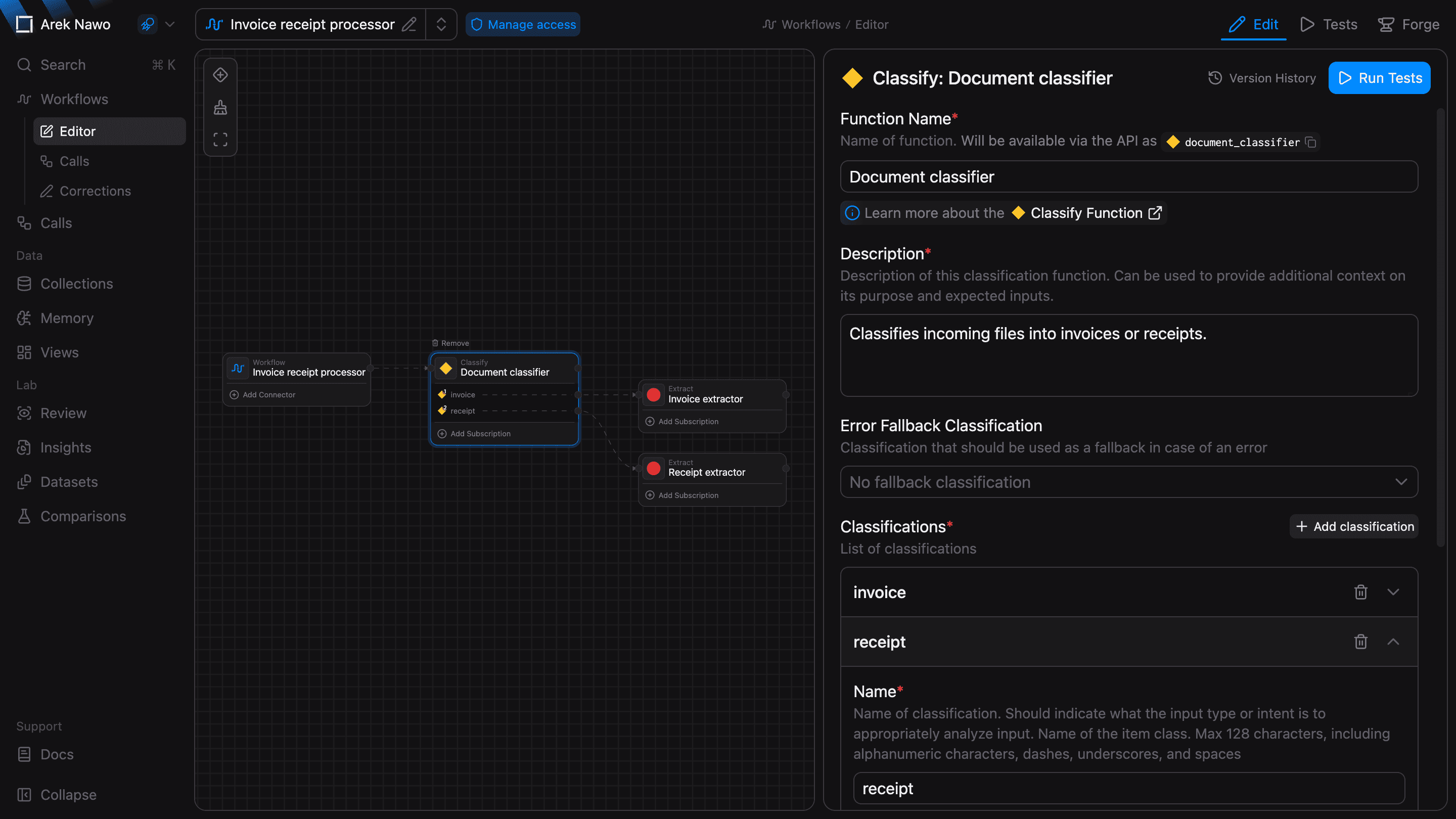 Workflow graph with a selected Classify node and invoice and receipt branches