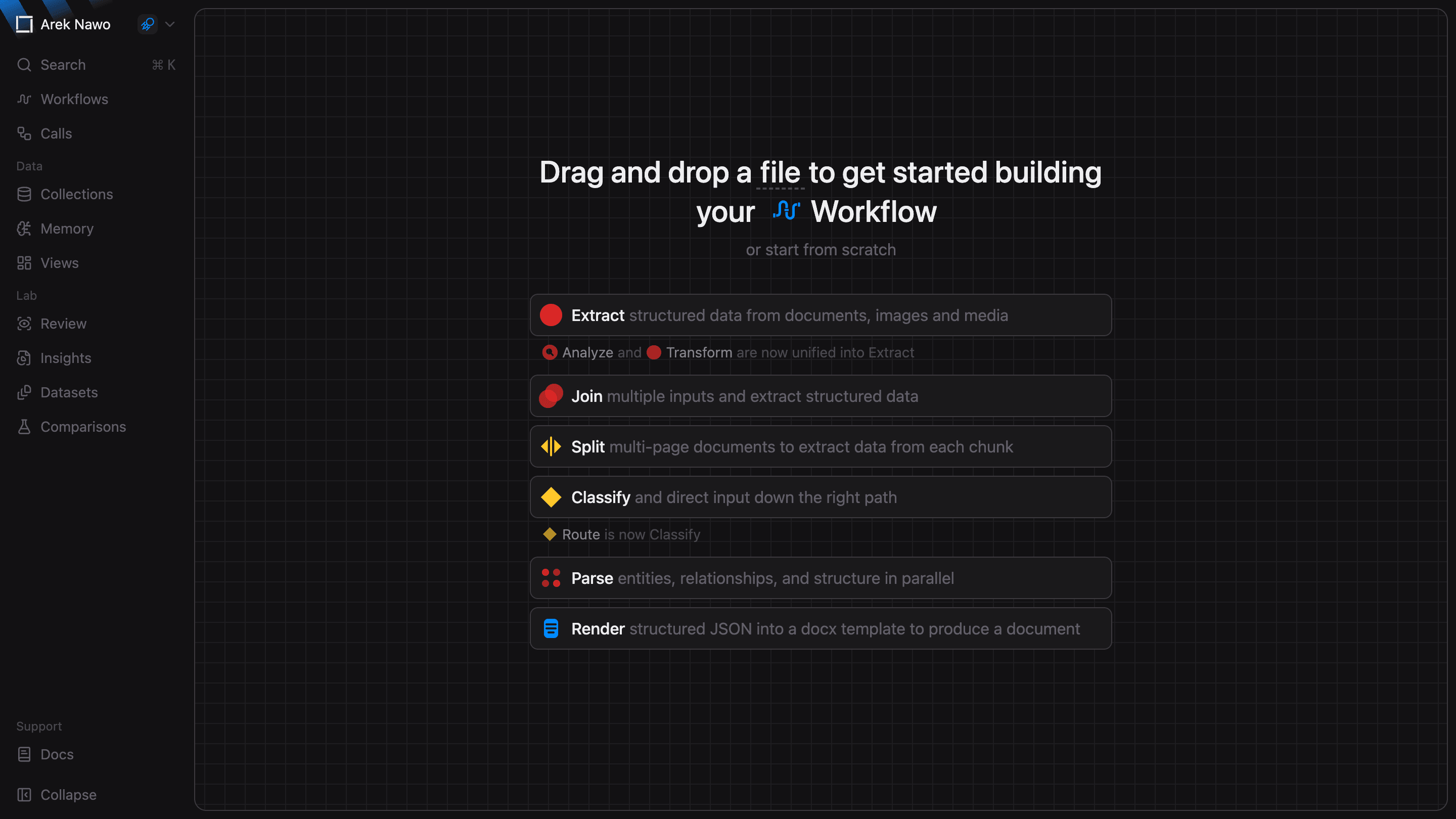 New workflow screen with file upload and starting function types