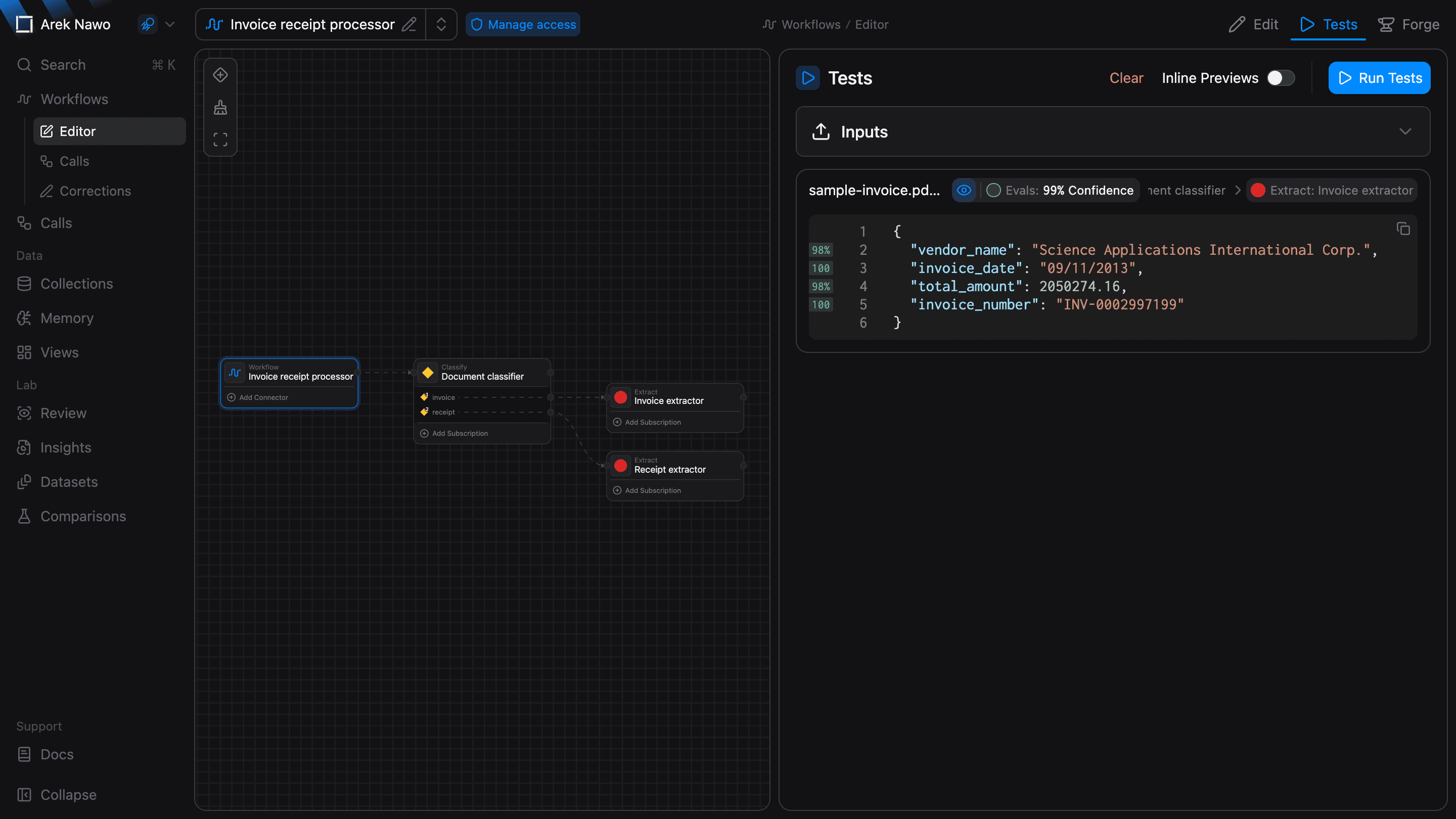 Tests panel with input files and completed result cards