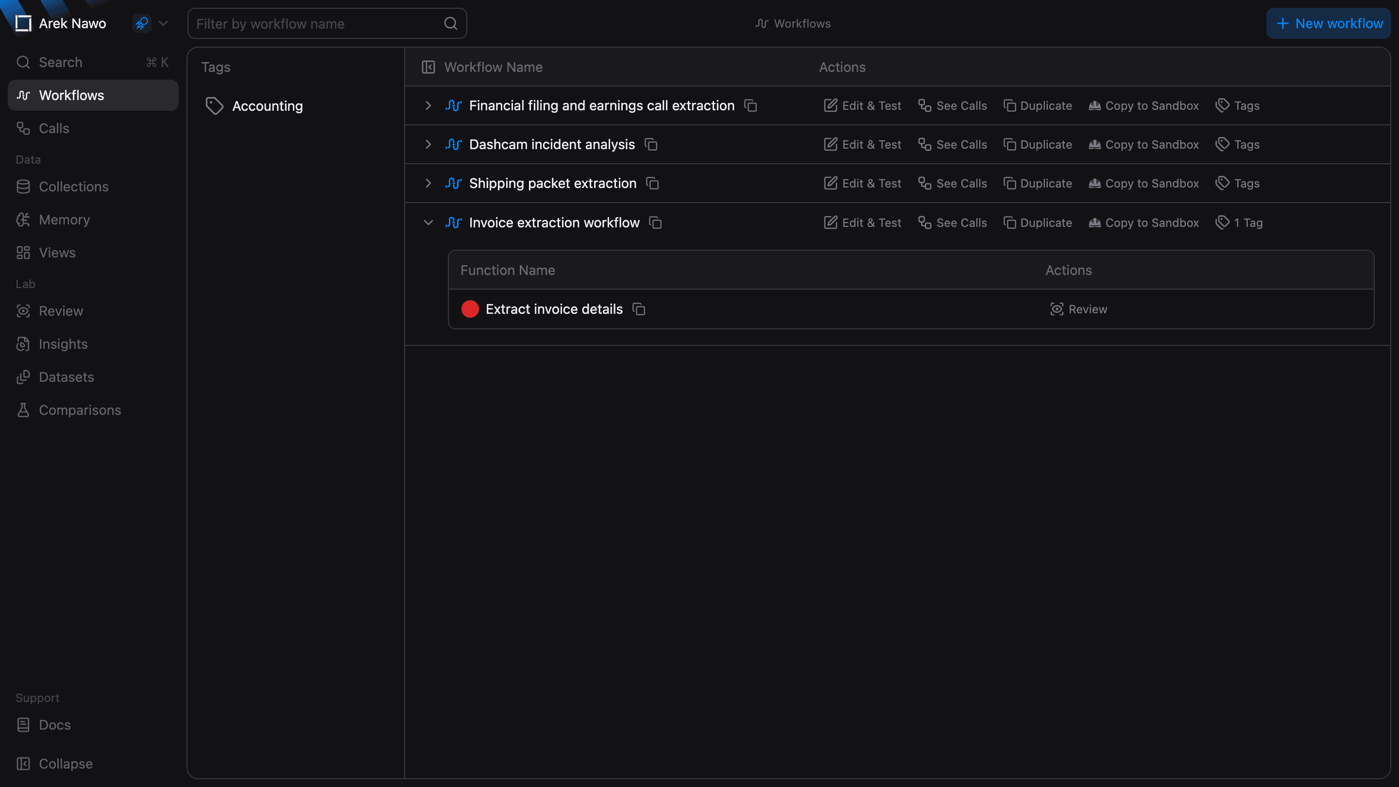 Workflows table with tag explorer, filters, and row actions