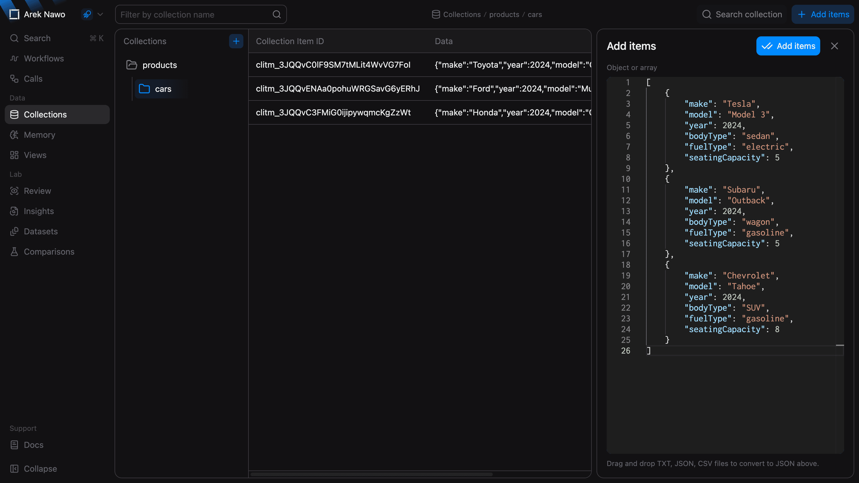 Add items panel with JSON data ready to submit