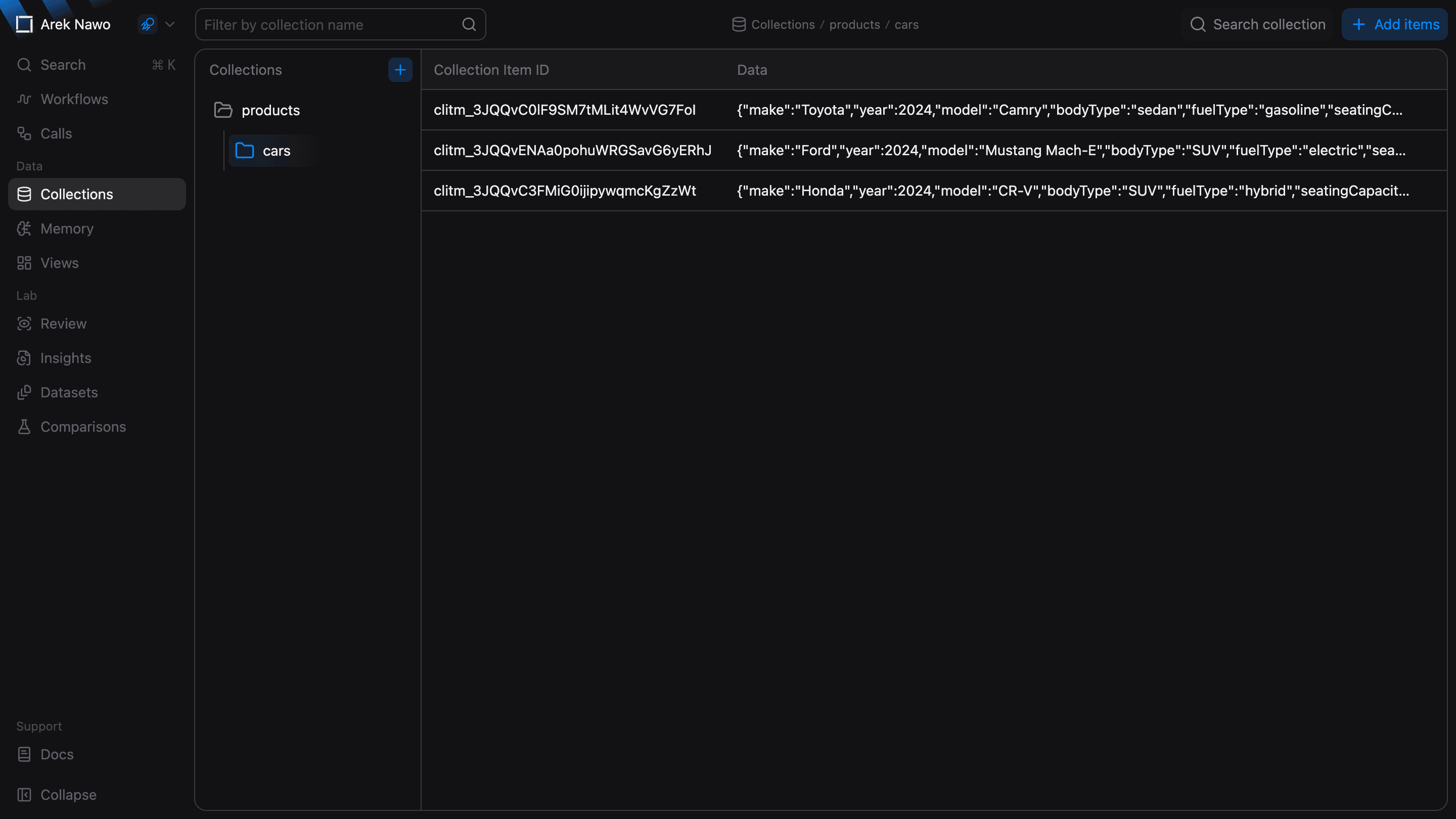 Collections tree, breadcrumbs, and reference items table