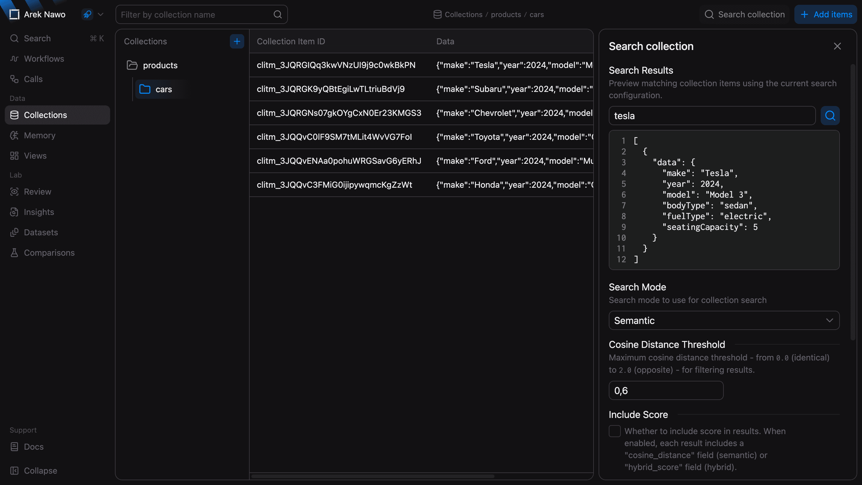 Search collection panel with search settings and matching items