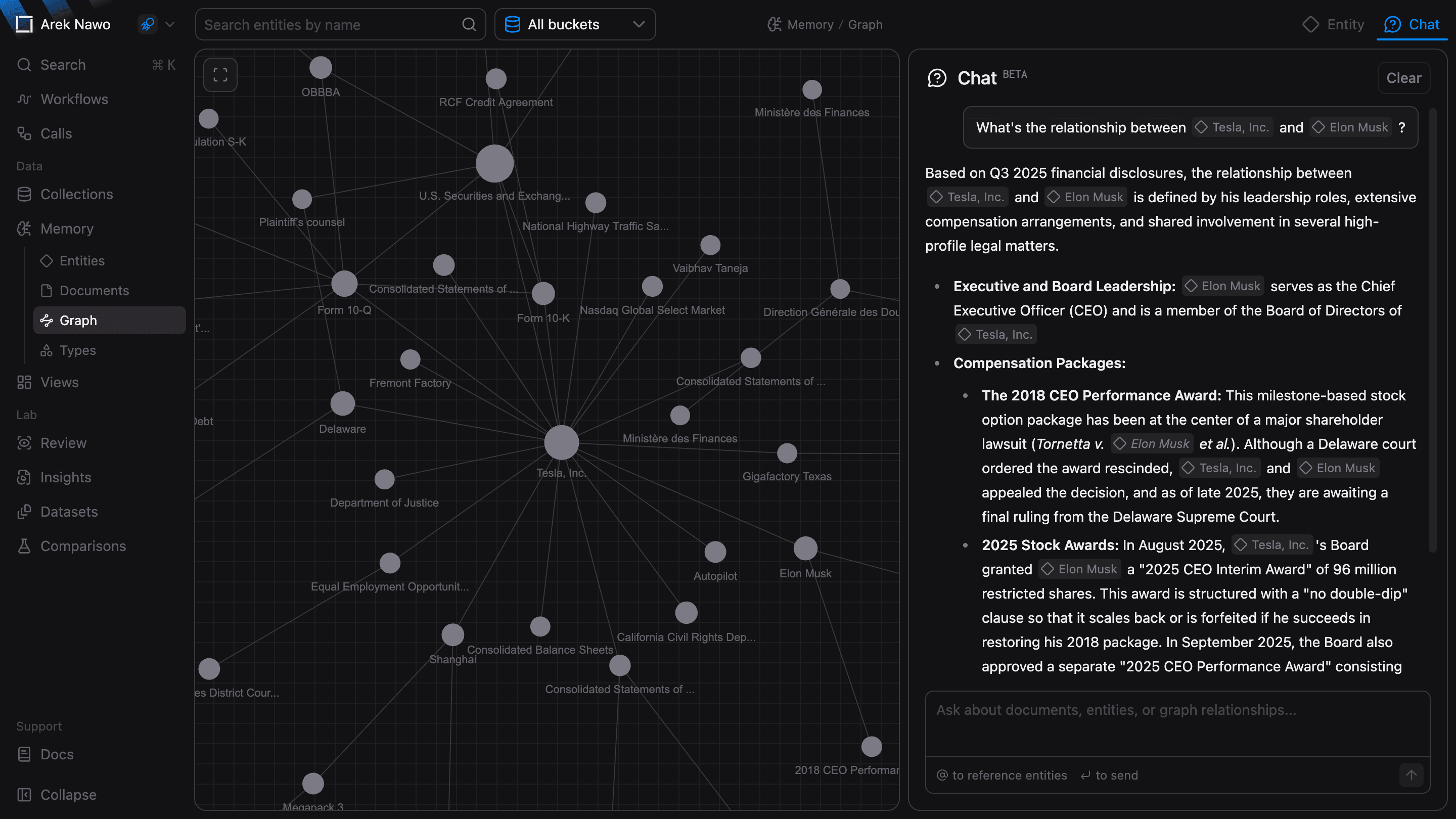 Memory Graph with connected entities and the Chat panel