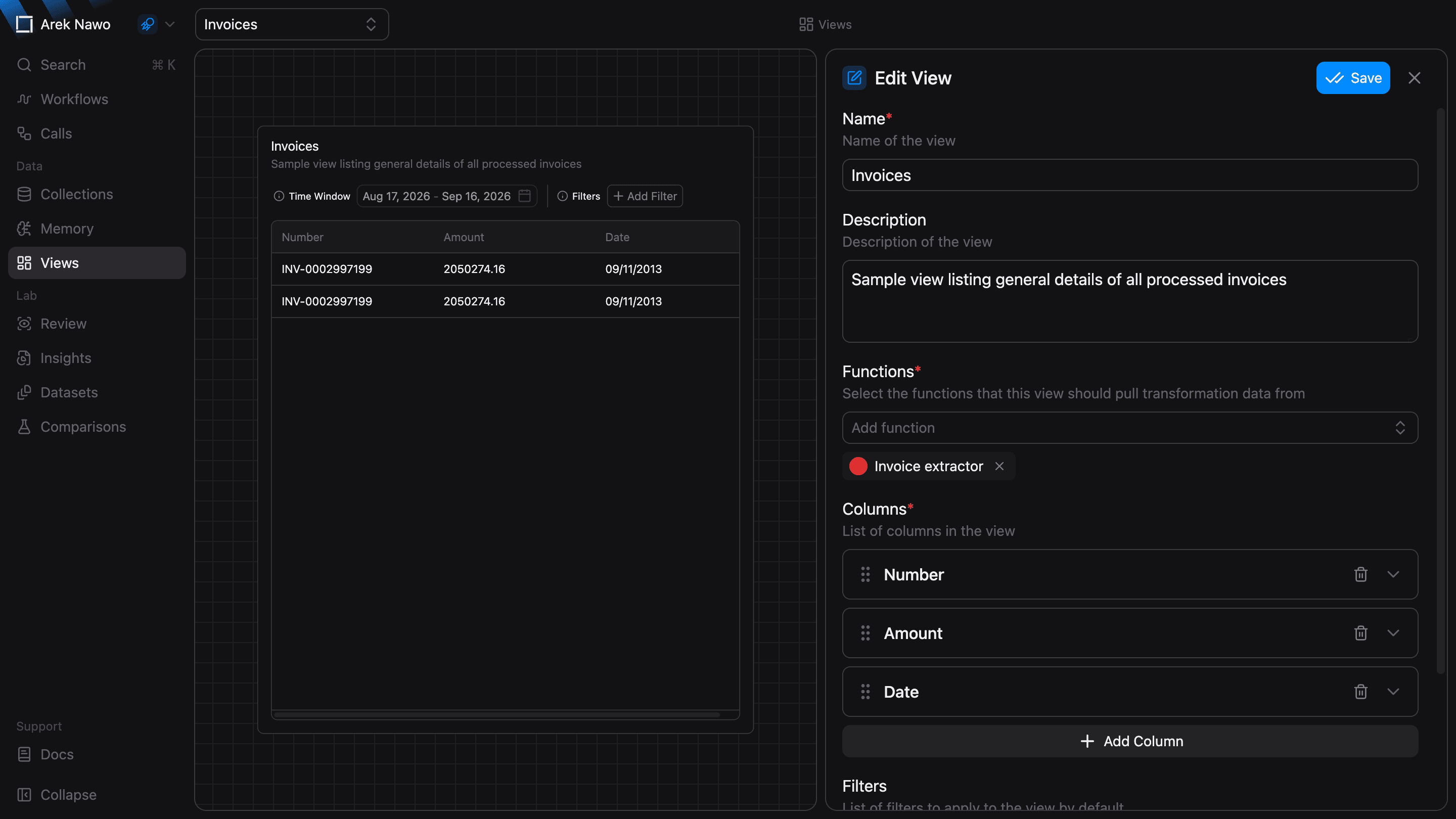 View editor with source functions, columns, and live preview