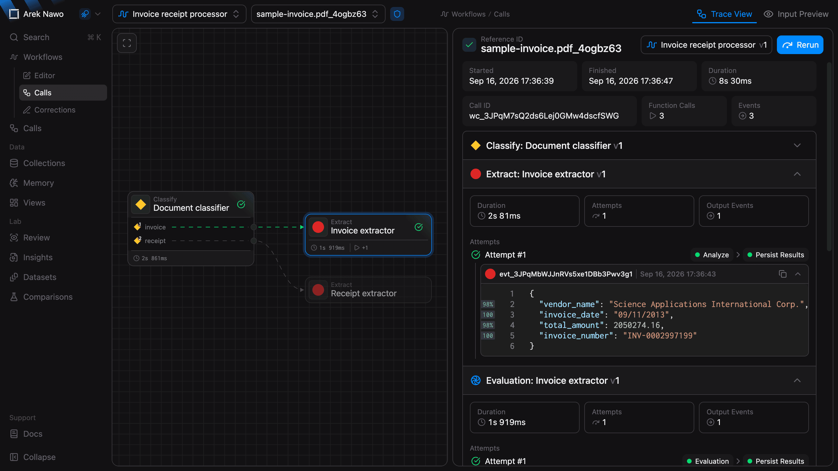 Trace View with an expanded function call and output events