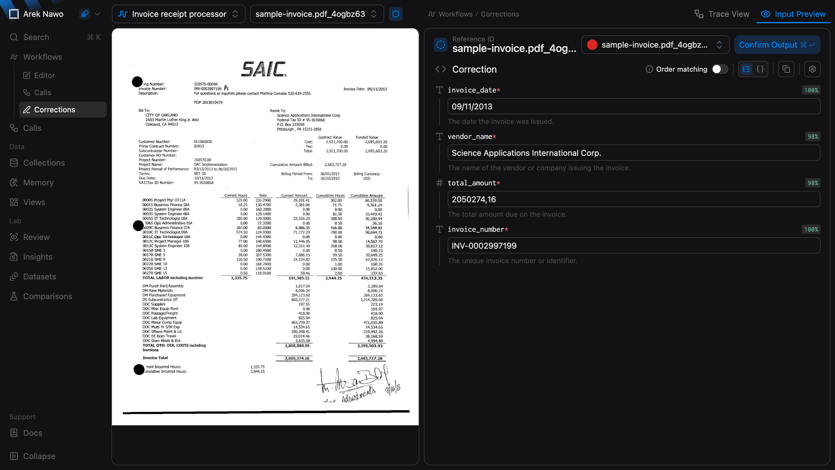 Correction tree editor beside the input preview with submission controls