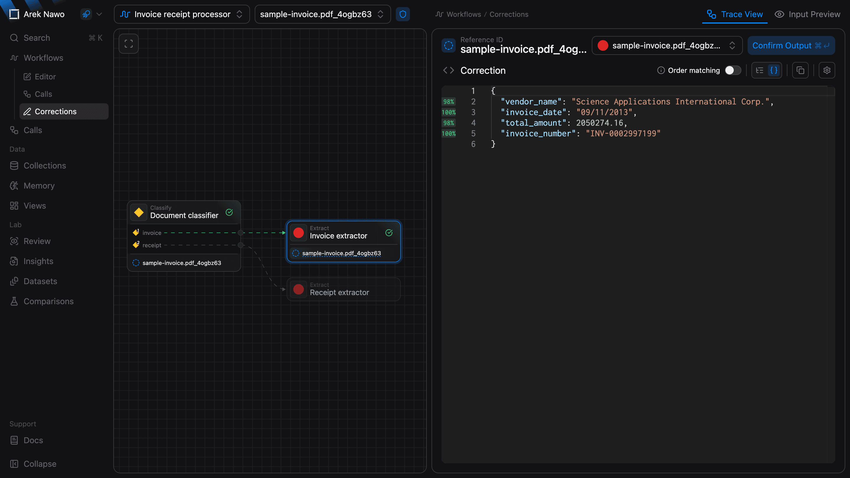 Corrections page with Trace View and the output selector