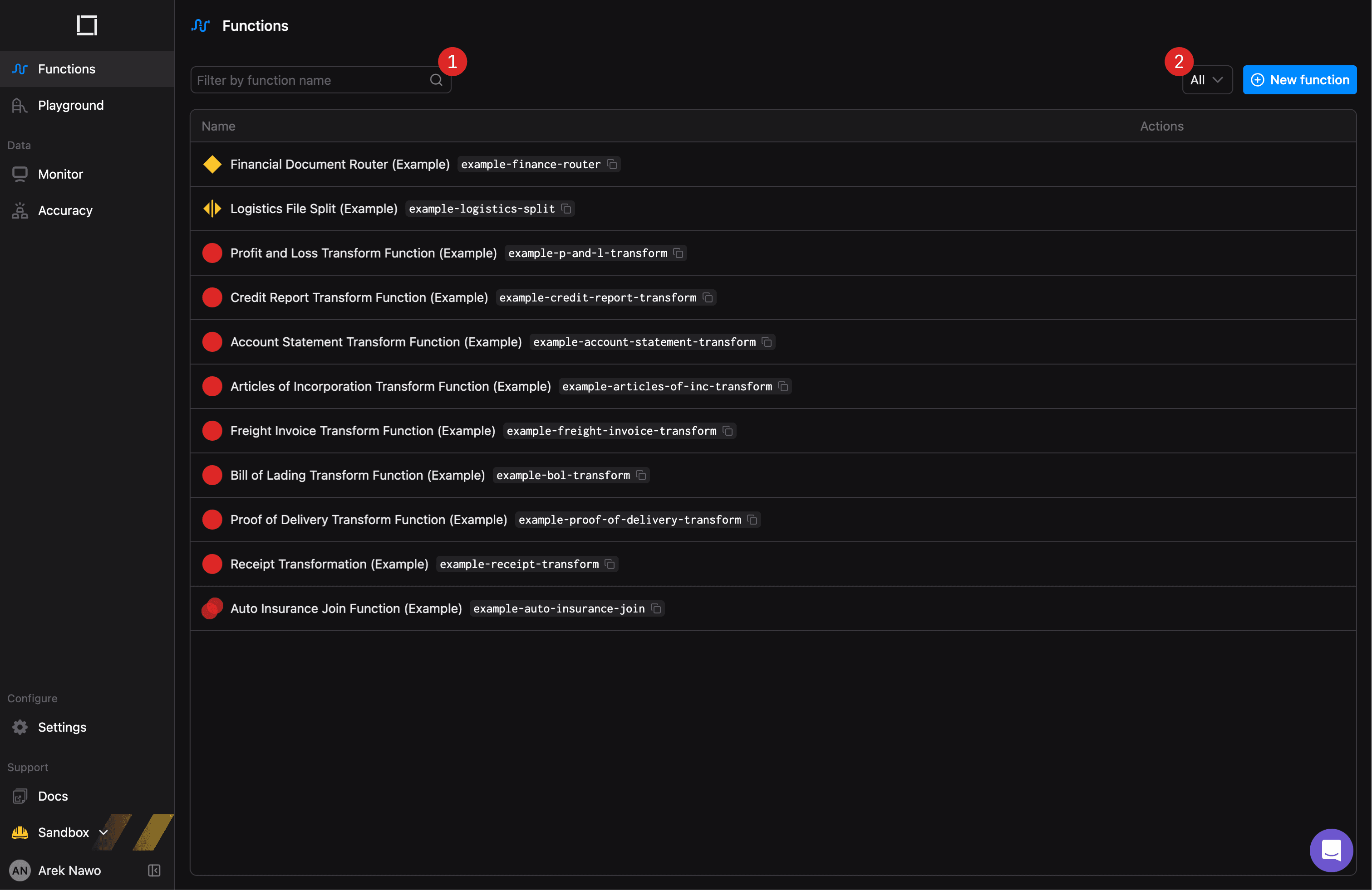Filtering and searching in Functions dashboard
