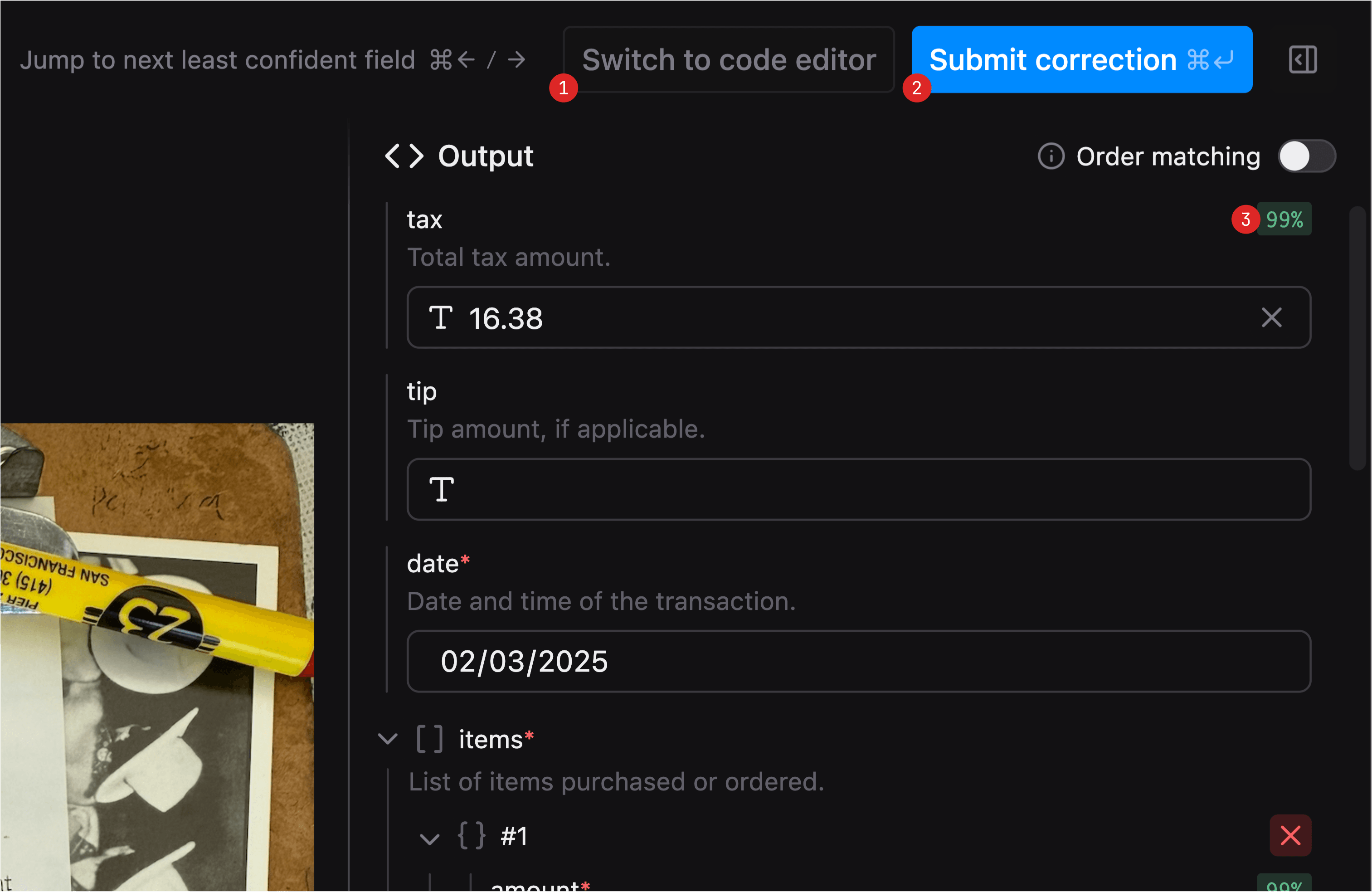 Submitting corrections from the Output panel
