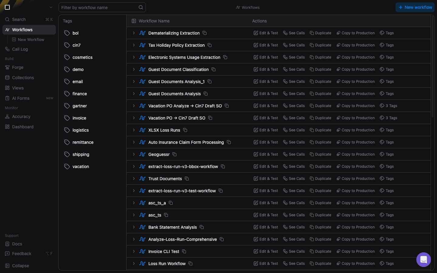 Workflows list